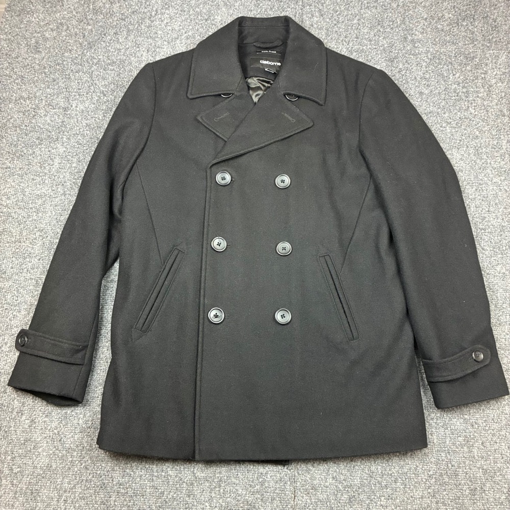 Claiborne Mens‎ Wool Blend Double Breasted Pea Coat Black Size Small S/CH